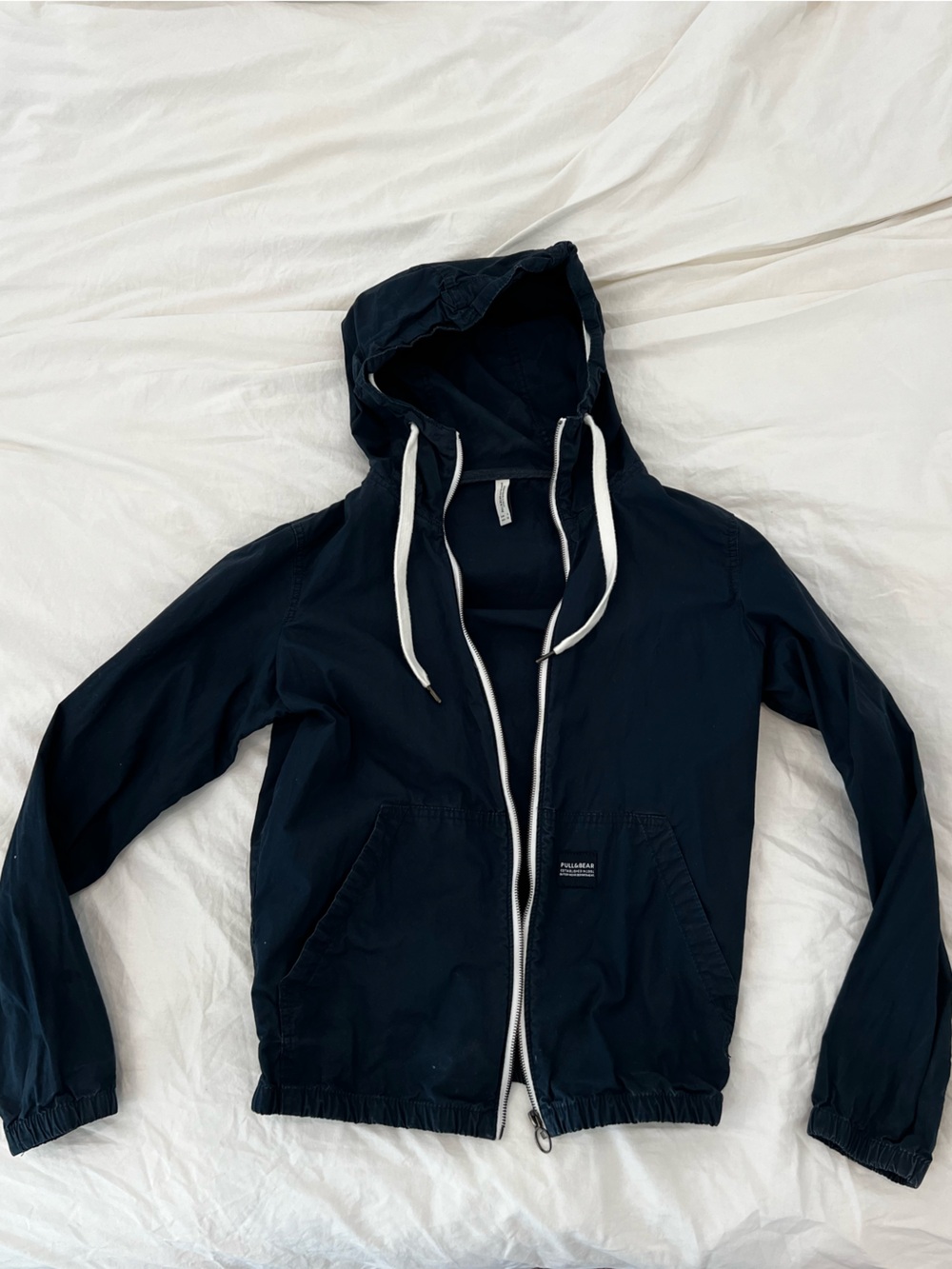 Pull&Bear Navy Hooded Zip-Up Jacket with White Drawstrings